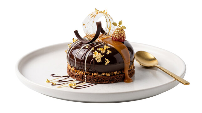 Gourmet chocolate mousse dome with caramel glaze and gold leaf. Elegant dark chocolate pastry on white plate. Luxury fine dining dessert. isolated PNG with Transparent Background