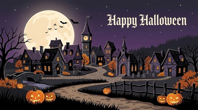 Spooky halloween night with glowing pumpkins, haunted houses, and flying bats haunted village jack-o'-lanterns
