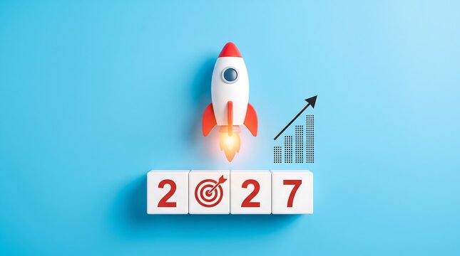 Rocket ship launching above wooden blocks displaying year 2027 with target icon and upward growth chart symbol representing business success and strategic planning goals for future corporate vision