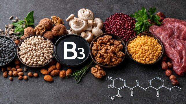 B 3 vitamin sources raw meat nuts legumes and mushrooms with chemical formula