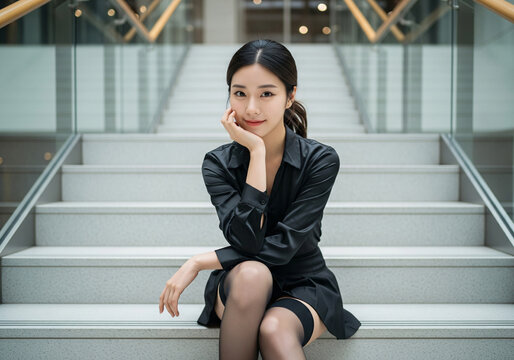 Beautiful Asian girl in a black dress sitting on the stairs