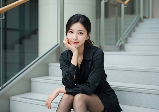 Beautiful Asian girl in a black dress sitting on the stairs