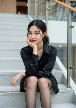 Beautiful Asian girl in a black dress sitting on the stairs