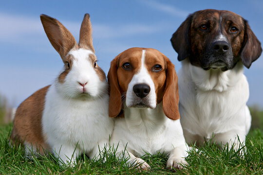 Animals gather in a green field