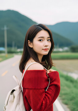 Asian woman smiles in the sunlight during a relaxed and carefree moment of summer rest and confidence in the city.