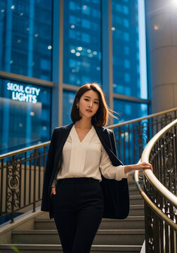 Asian woman in business suit walks down marble stairs inside building, concept success, career, professional, confident, business woman, leadership.