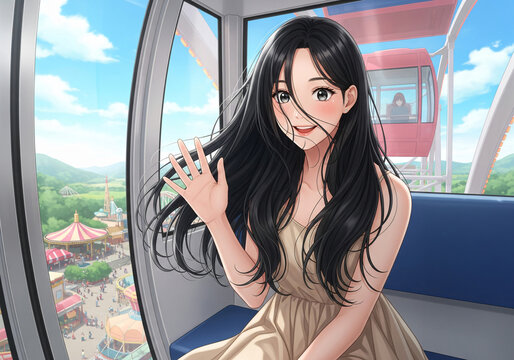 Retro anime skyline, girl gazing from Ferris wheel, soft pastel gradients, clean geometric lines, pop art inspiration, cool digital color palette.