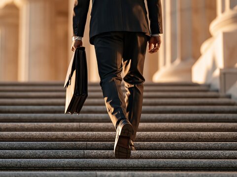 Business person walking up stairs at a building in the early evening with a briefcase