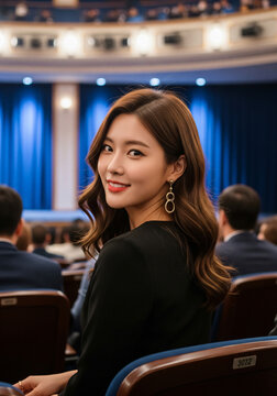 Portrait of happy young asian businesswoman or analyst looking at camera with her colleague analyzing data analysis in dynamic business strategy investment planning meeting.