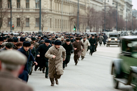 Historical crowd running in the city