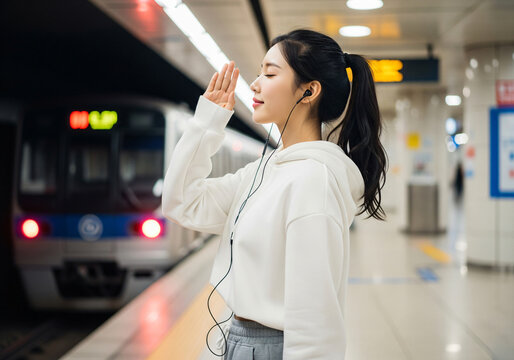 Young Asian woman passenger using and listening music via smart mobile phone in subway train station, japanese, chinese, Korean lifestyle, leisure and daily life,