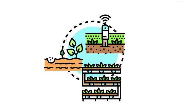 Arboriculture science concept incorporating smart farming technology. Showing a wireless sensor irrigating plants. A new sprout growing from the soil. And a vertical farm optimizing plant cultivation
