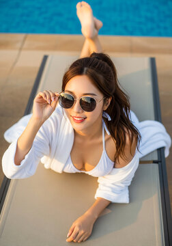 Young Woman in White Swimming Suit Sitting on the Edge of swimming leaning on her hands on a Sunny Day Slow Motion top angle