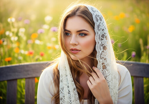 Beautiful Caucasian blonde woman sits on a wooden chair in a field. Model poses in a white dress in nature. Concept of natural and organic beauty and youth.