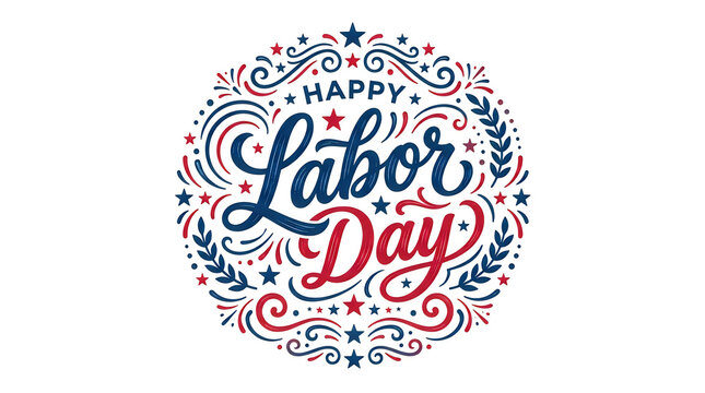Decorative hand lettering design for happy labor day celebration with ornate flourishes and patriotic color theme