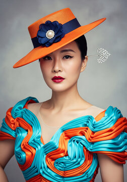 A woman in an orange hat and blue dress.