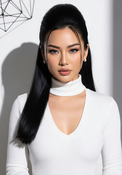 A stunning asian woman poses gracefully in a white dress.