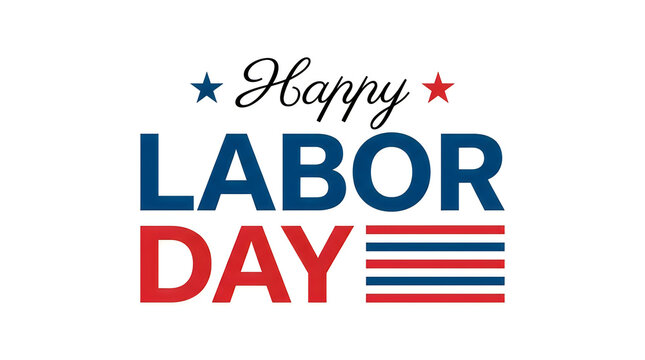Happy labor day greeting card design featuring bold blue and red typography on a clean white background