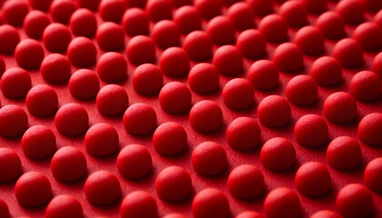 Fototapeta premium Macro close up of red rubber surface with small round spikes. Bright ball texture provides tactile sensory pattern. Industrial material design feels soft yet firm. Synthetic knobbed background