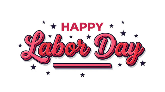 Happy labor day text design with pink textured lettering and decorative stars on a white background
