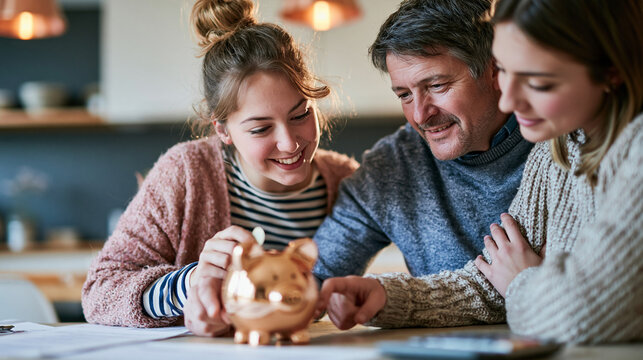 Parents helping their adult daughter with the down payment for her first home, family discussing savings and financial support around a table, documents and calculator, warm