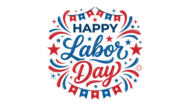 Festive happy labor day typography design featuring stars stripes and vibrant colorful fireworks illustration