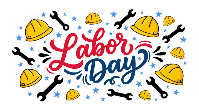 A vibrant labor day illustration features construction tools safety helmets and beautiful festive hand lettering design elements