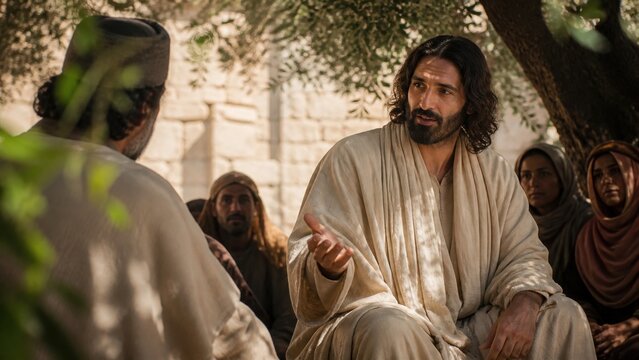Jesus teaching a gathered crowd beneath an olive tree. Biblical lesson about compassion, mercy, neighborly love, and the parable of the good Samaritan from the Gospel of Luke.