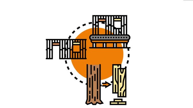 Architectural building frame concept depicting the process of converting a tree trunk into wooden planks for constructing structural house foundations and walls