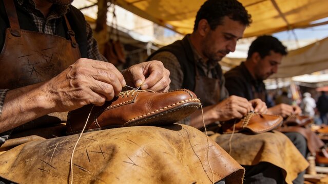 Artisan leatherworkers stitching handmade shoes in a traditional outdoor market workshop.