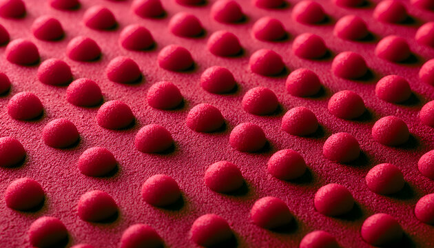 Macro close up of red rubber surface with small round spikes. Bright ball texture provides tactile sensory pattern. Industrial material design feels soft yet firm. Synthetic knobbed background