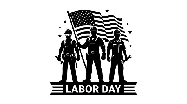 Vintage labor day graphic with three workers and an american flag in black and white