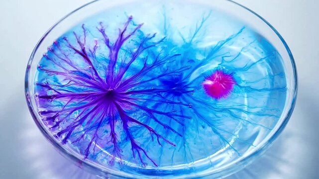 Vibrant biological filaments glowing blue and magenta in a petri dish showing microscopic growth of algae or bacteria