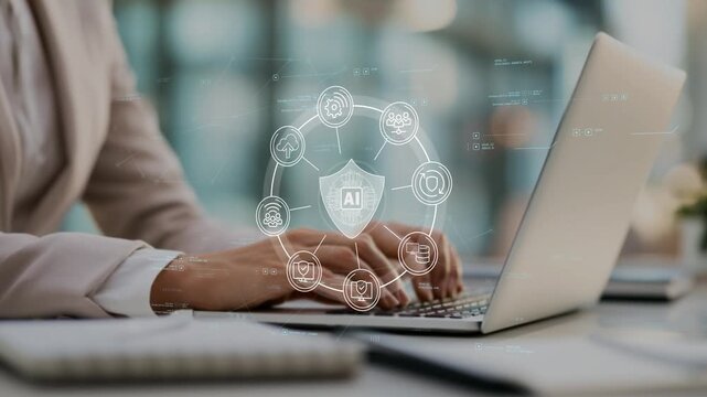 AI-powered data protection and privacy technology securing sensitive customer information, business data and digital assets across modern enterprise systems used by businesswoman