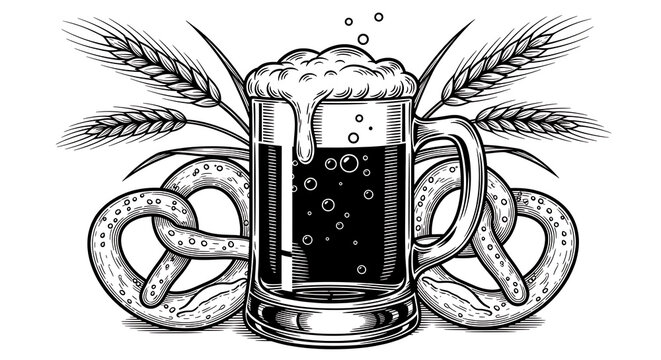 Detailed black and white line of a frothy beer mug surrounded by wheat stalks and salted pretzels for oktoberfest