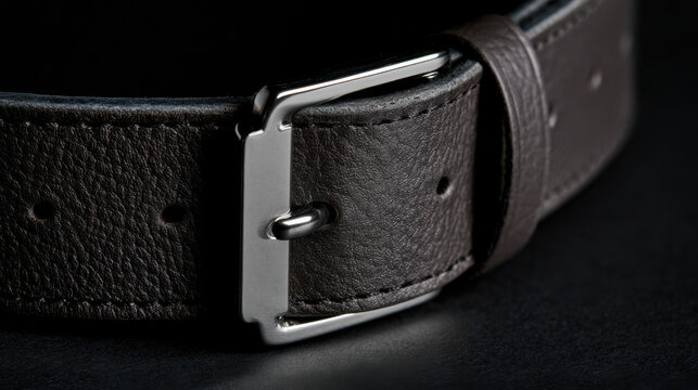A brown leather belt is displayed on a dark surface. The close-up shows the texture of the leather and the design of the silver buckle. Attention is on the craftsmanship of the belt