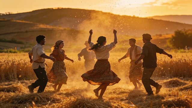 Group of villagers dancing in a golden wheat field during a joyful harvest celebration.
