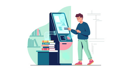Fototapeta premium Young Man Using Self Service Kiosk to Checkout Books in Modern Library with Credit Card Payment