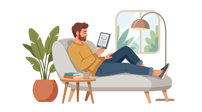 Young Bearded Man Relaxing on a Cozy Chaise Lounge Reading a Digital Book on an E-Reader at Home