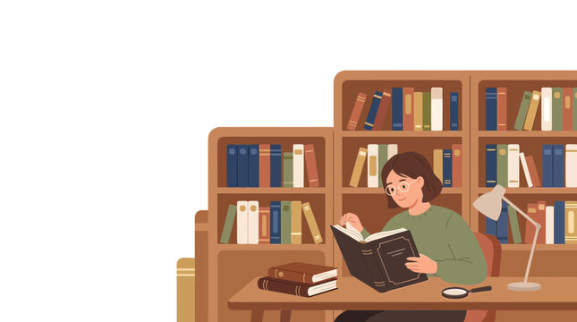 Young Woman Reading a Book at the Desk in Library with Bookshelves Background Flat Illustration