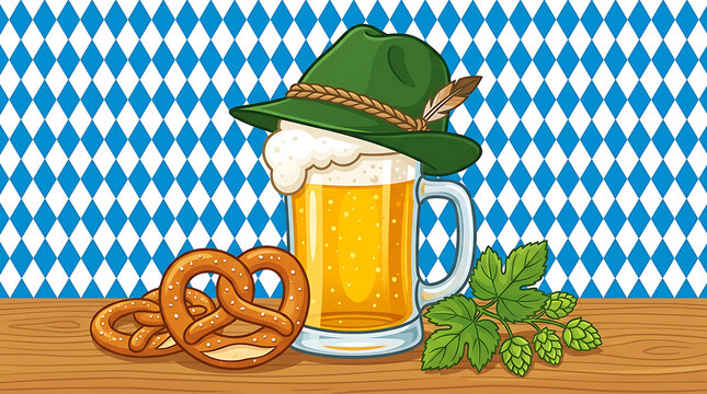 Traditional bavarian oktoberfest beer mug with green alpine hat and fresh hops on wooden table against blue and white diamond pattern background
