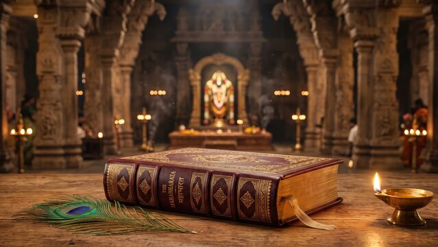 Mahabharata Book &ndash; Ancient Hindu Epic with Temple and Diya