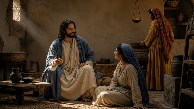 Jesus teaching Mary while Martha prepares a meal at home. Biblical scene from the Gospel of Luke illustrating spiritual attention, hospitality, service, and choosing the better part.