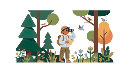 Naklejka premium Little Boy Explorer Watching Birds with Binoculars and Taking Notes in a Green Forest Illustration