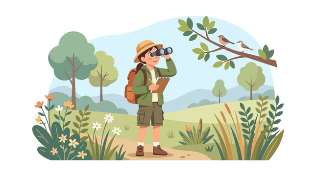 Little Girl Scout Explorer Birdwatching in Nature Park with Binoculars and Notebook Illustration