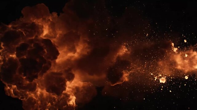 Explosion footage with bright orange fire, smoke and embers against dark background, high energy