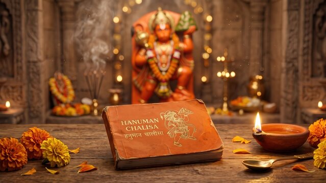 Hanuman Chalisa Book &ndash; Sacred Hindu Prayer Book in Temple Setting