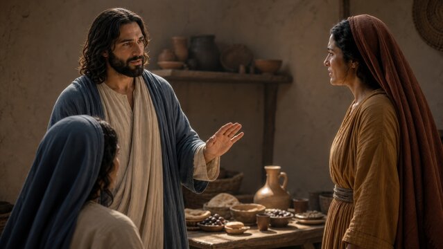 Jesus speaking with Martha while Mary listens in a biblical home. Gospel lesson about hospitality, service, devotion, and choosing spiritual attention over worldly busyness.