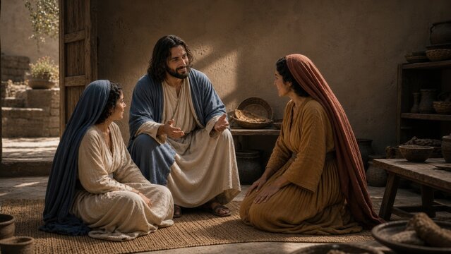 Jesus teaching Mary and Martha inside a biblical home. Spiritual conversation, hospitality, discipleship, faith, and the contrast between service and attentive listening from the Gospel of Luke.