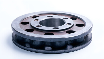 Obraz premium Heavy industrial steel flywheel rests on white background. Solid metal engine component features round circular shape with machined surface texture. Precise iron gear part provides mechanical energy